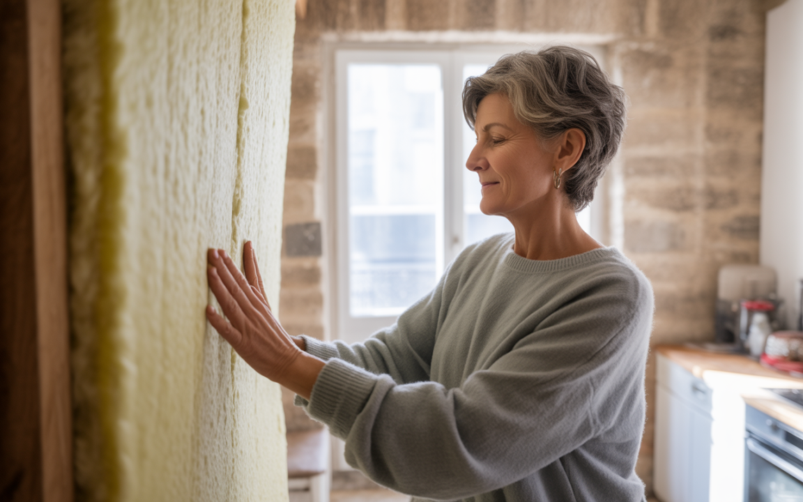 Femme mature touchant une paroi d’isolant, dans une cuisine lumineuse au style moderne, avec un mur en pierre en arrière-plan.