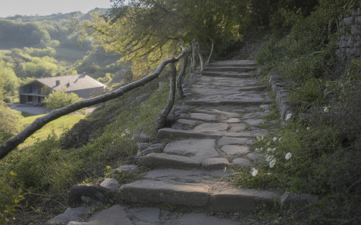 Chemin en pierres bordé de végétation, menant à une maison au loin, dans un paysage verdoyant et ensoleillé.