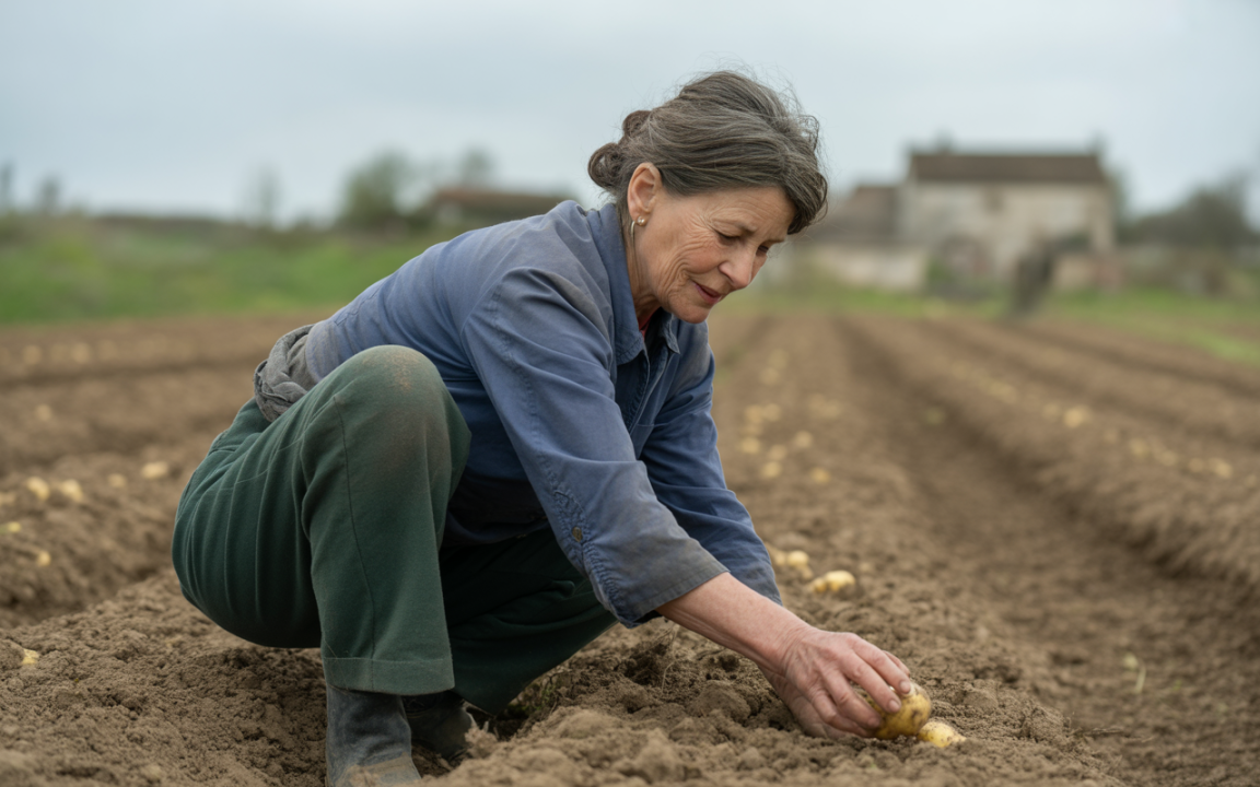 Une femme récolte des pommes de terre dans un champ, agenouillée, avec des champs et un maison flous en arrière-plan.