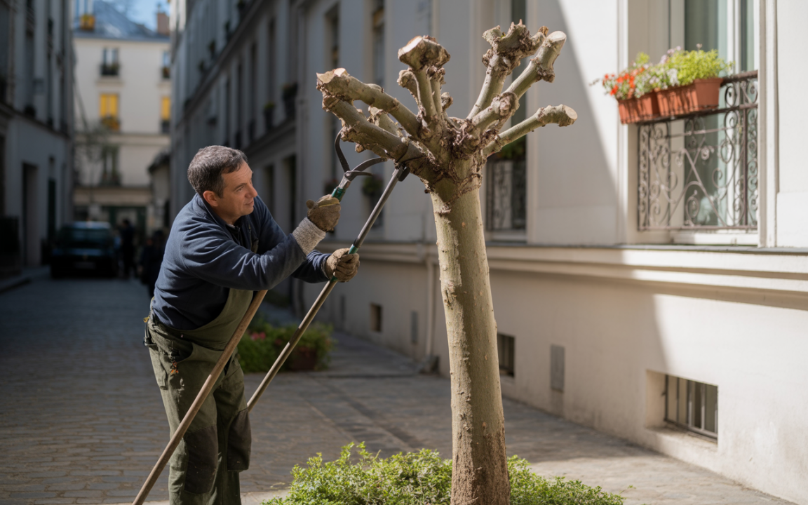 Homme taillant un arbre dans une rue calme, avec des fenêtres fleuries et une lumière douce. Activité de jardinage en milieu urbain.