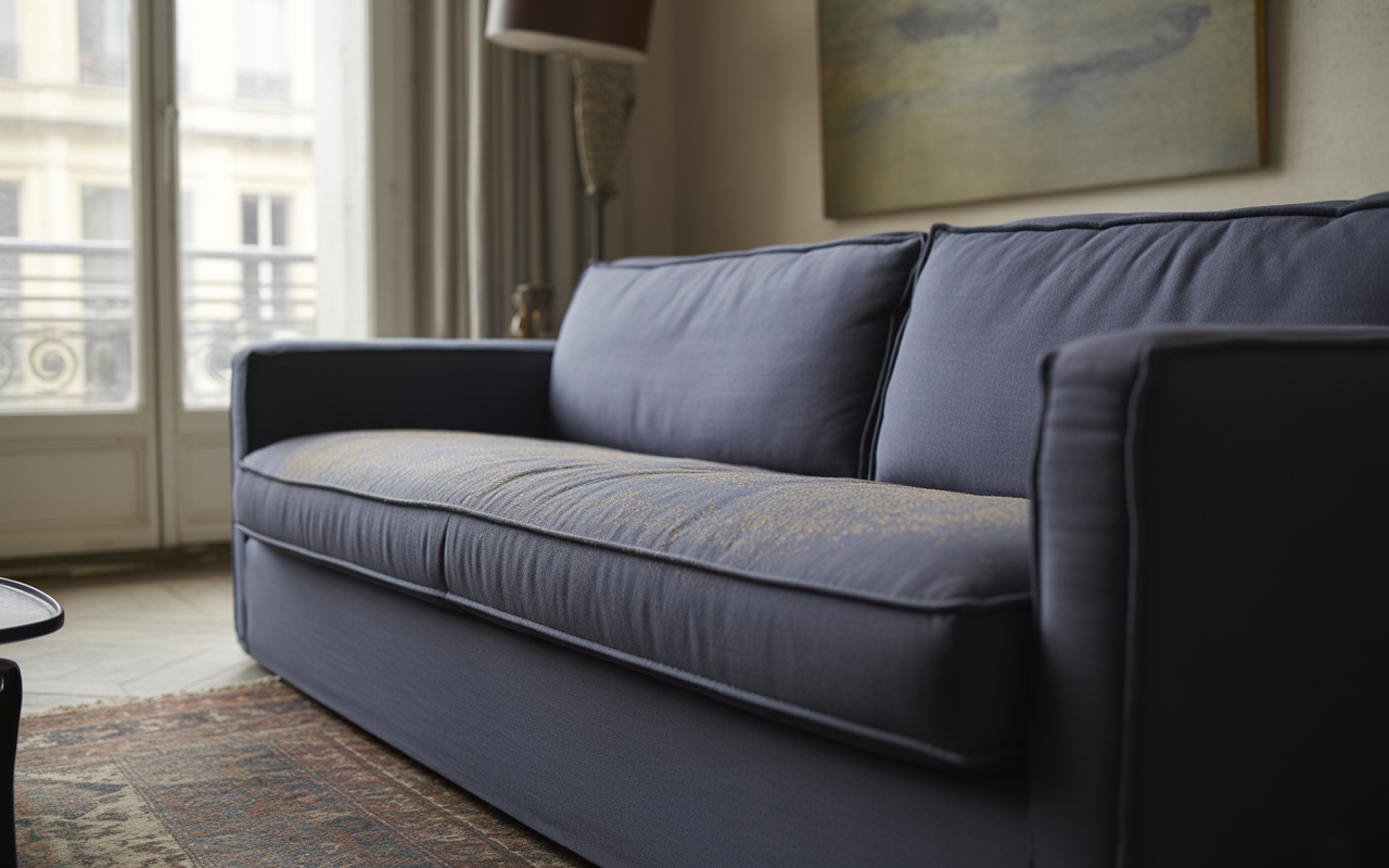 Un canapé bleu foncé avec un coussin texturé, situé dans une pièce lumineuse avec des rideaux, une table et des fenêtres.