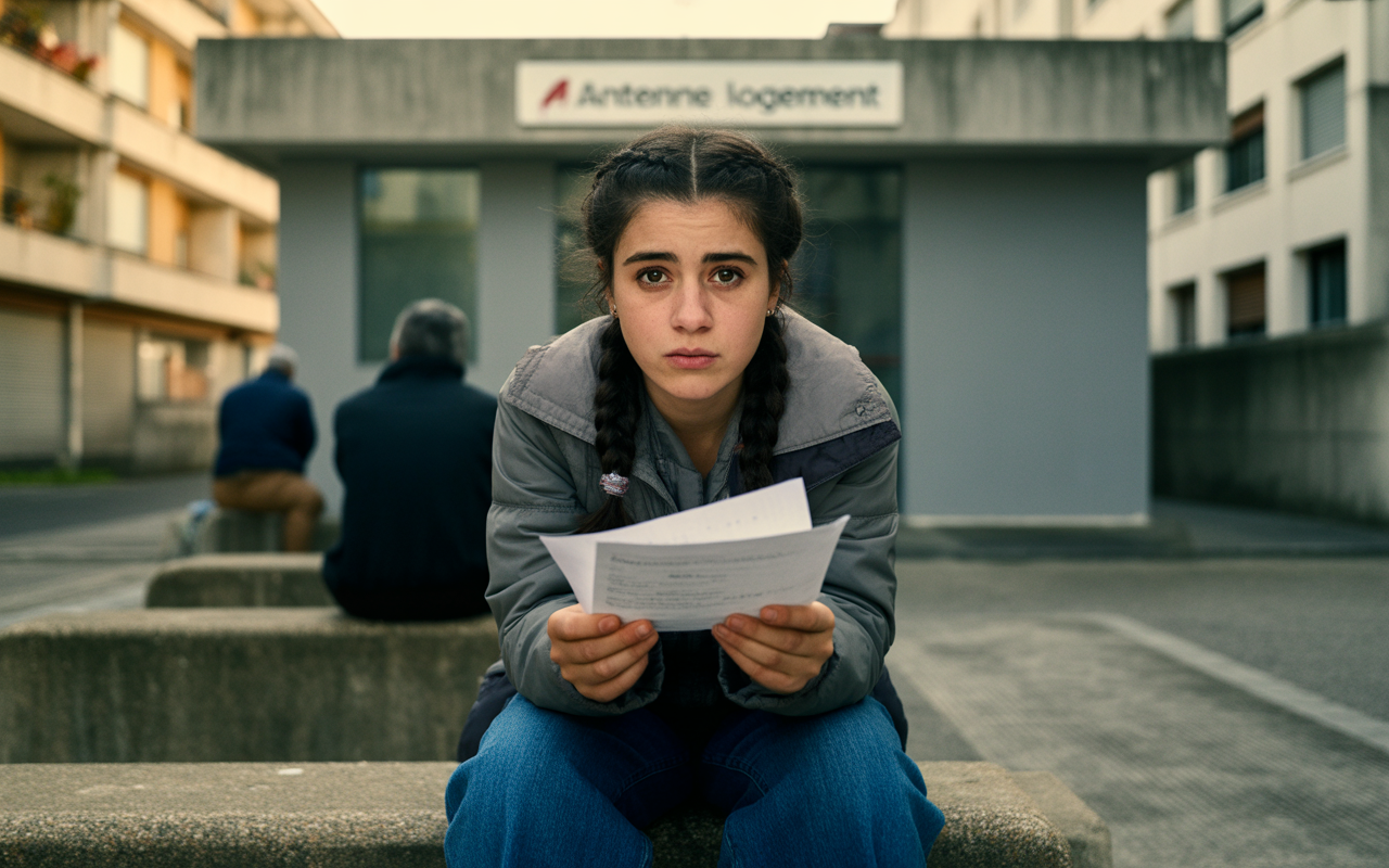 Jeune fille assise, regard sérieux, tenant des documents, devant un bâtiment portant l'inscription "Antenne logement". Deux personnes en arrière-plan.