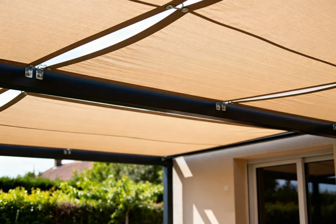 Structure moderne avec bâche pergola sur mesure protégeant terrasse ensoleillée maison et jardin verdoyant