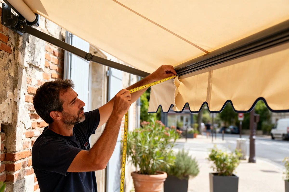 Personne mesurant pour changement toile store banne extérieur devant un mur en briques.