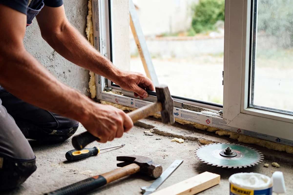 Ouvrier avec marteau et outils en train de changer fenêtre pour rénovation domicile.