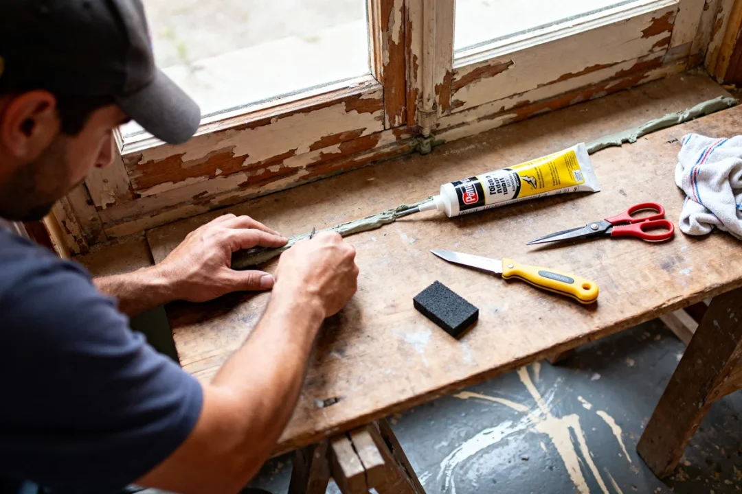 Homme remplaçant joint fenêtre bois avec outils, tube de mastic et spatule