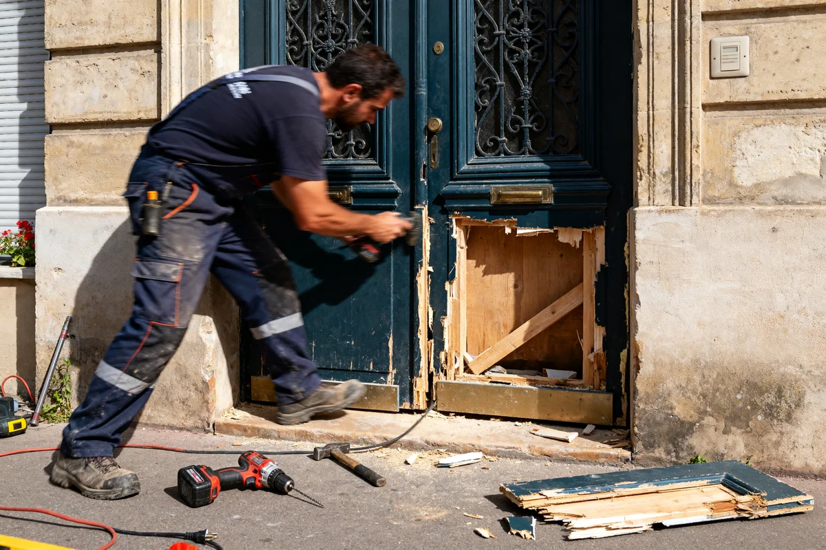 Un homme en train de changer une porte d'entrée abîmée avec outils et perceuse