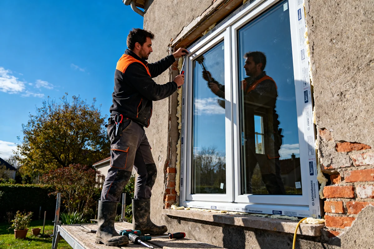 Artisan installant une fenêtre neuve en extérieur changer une fenêtre prix abordable rénovation maison