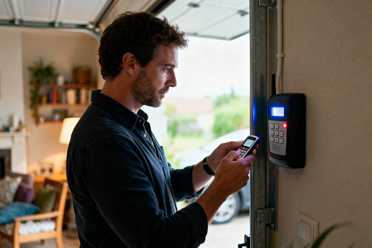 Homme utilisant un panneau de contrôle pour apprendre comment programmer une télécommande porte de garage