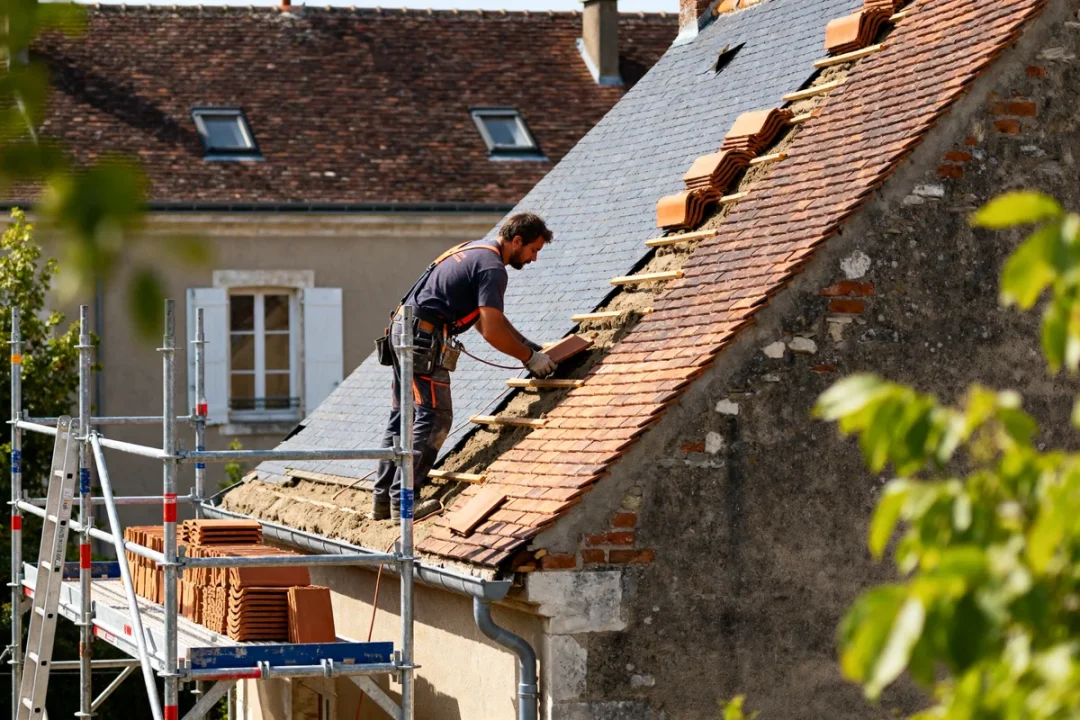 Couvreur travaillant sur un toit en tuiles, avec échafaudage pour sécurité et matériaux