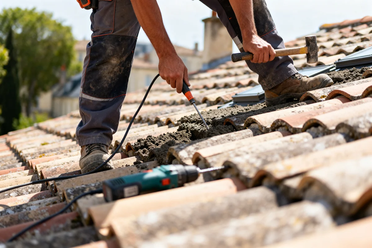 Couvreur à Bordeaux réparant une toiture en tuiles avec outils manuels et perceuse électrique