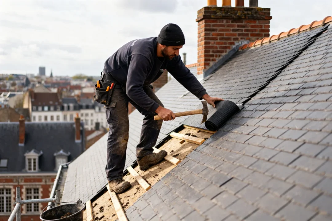 Couvreur Lille travaillant sur une toiture en ardoise avec marteau et rouleau bitume.