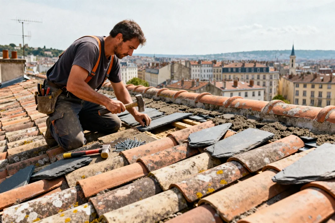 Couvreur Lyon réparant un toit avec des tuiles et vue sur la ville