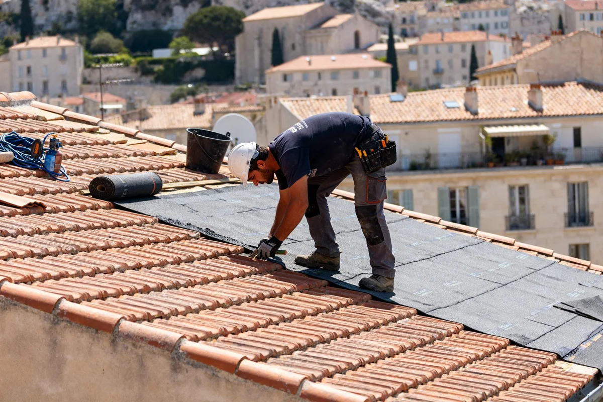 Couvreur Marseille travaillant sur un toit en tuiles avec outils et matériaux de toiture