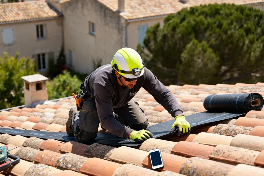 Couvreur Montpellier installe revêtement sur toit en tuiles avec téléphone et outils visibles