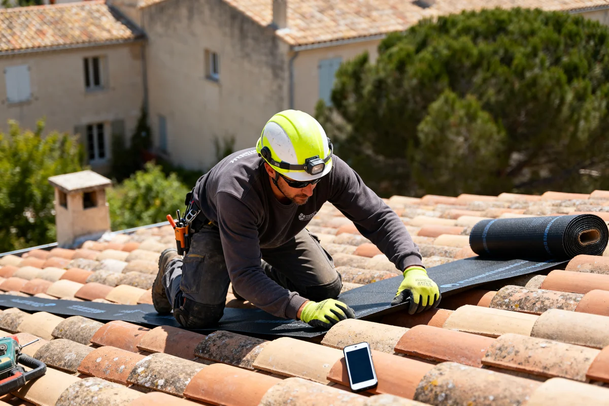 Couvreur Montpellier installe revêtement sur toit en tuiles avec téléphone et outils visibles