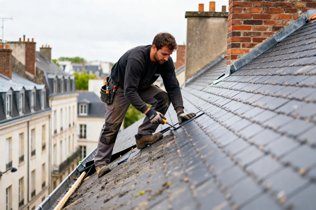 Couvreur Nantes travaillant sur un toit en ardoise dans un paysage urbain français