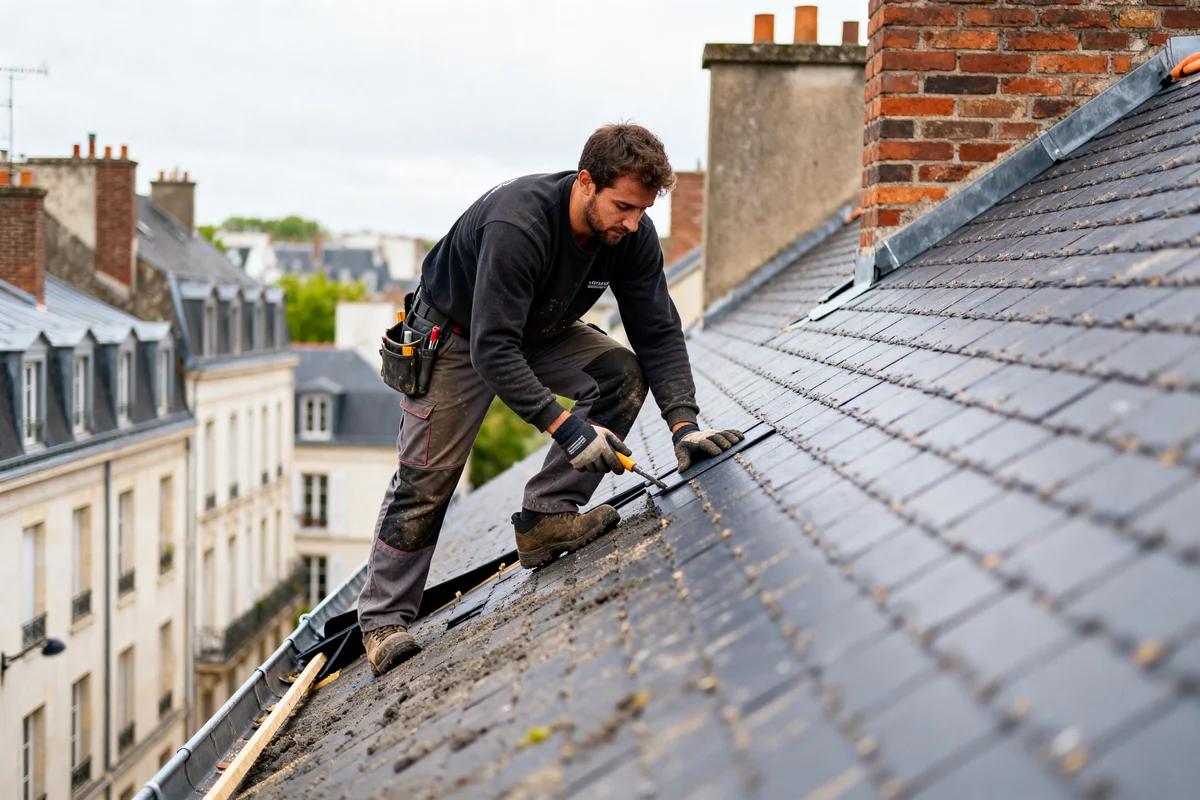 Couvreur Nantes travaillant sur un toit en ardoise dans un paysage urbain français
