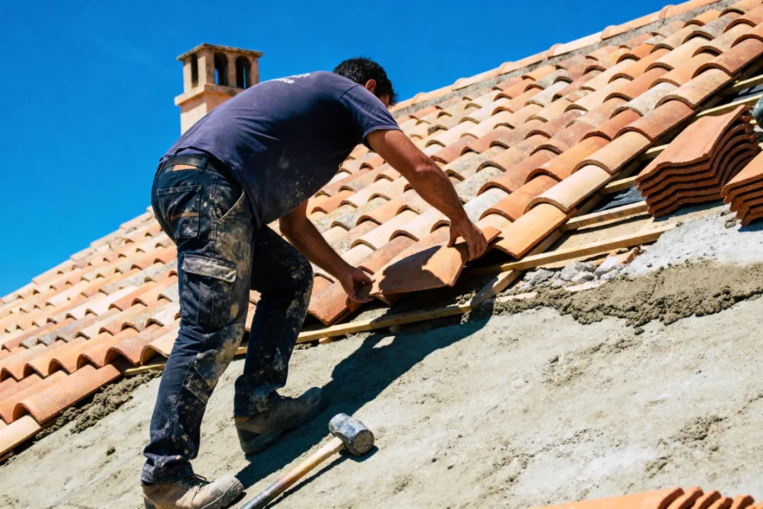 Couvreur Nice posant des tuiles sur un toit en rénovation sous ciel bleu