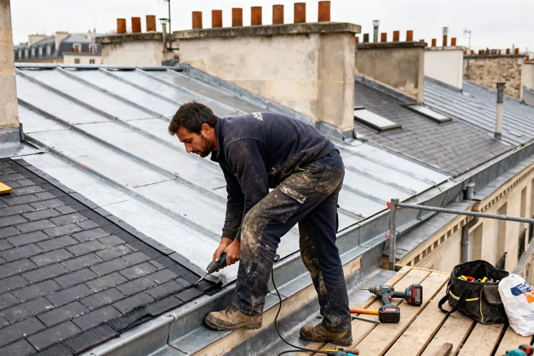Couvreur Paris en action sur un toit avec outils et matériaux en arrière-plan