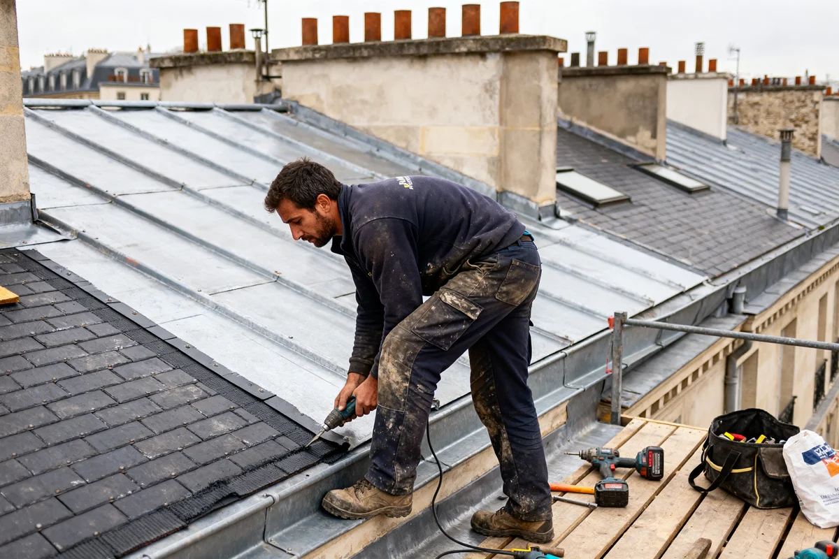Couvreur Paris en action sur un toit avec outils et matériaux en arrière-plan