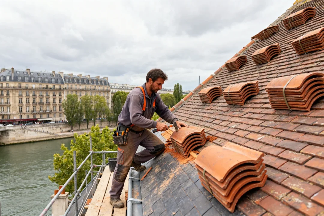 Couvreur parisien travaillant sur un toit avec tuiles, vue de Paris en arrière-plan