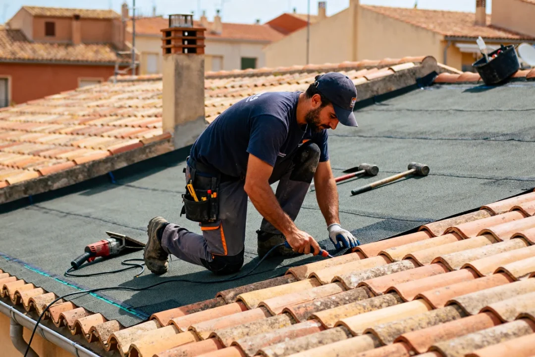 Couvreur Perpignan travaillant sur un toit de tuiles avec outils à portée de main
