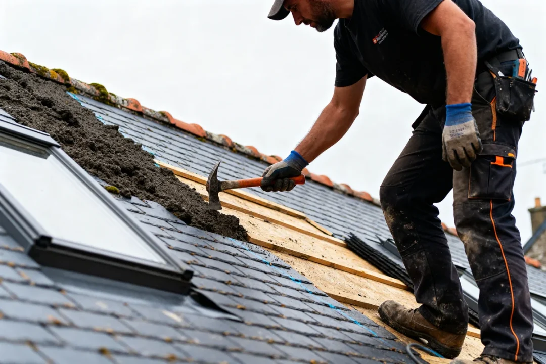 Couvreur Quimper travaillant sur toit en ardoise avec marteau et matériaux de construction