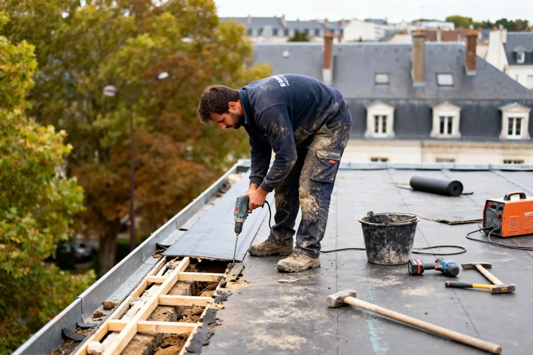 Couvreur Rennes travaillant sur un toit plat avec outils et matériaux de construction