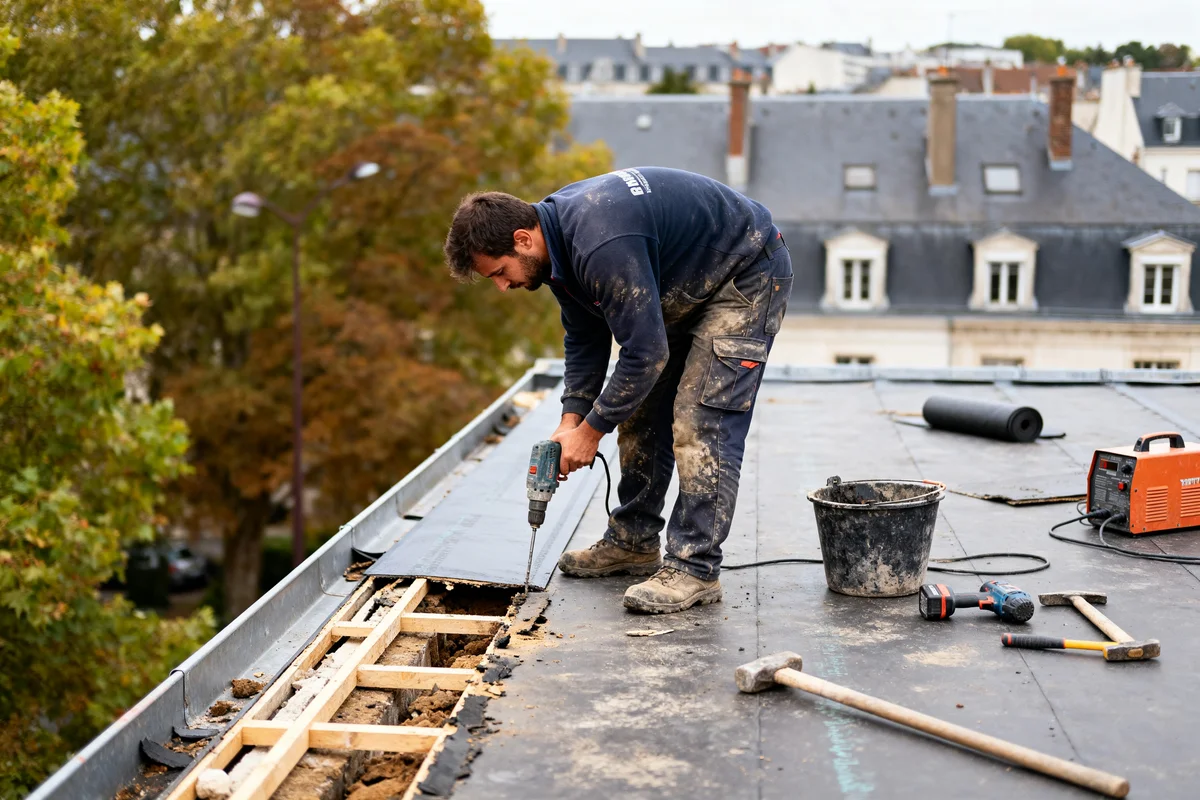 Couvreur Rennes travaillant sur un toit plat avec outils et matériaux de construction