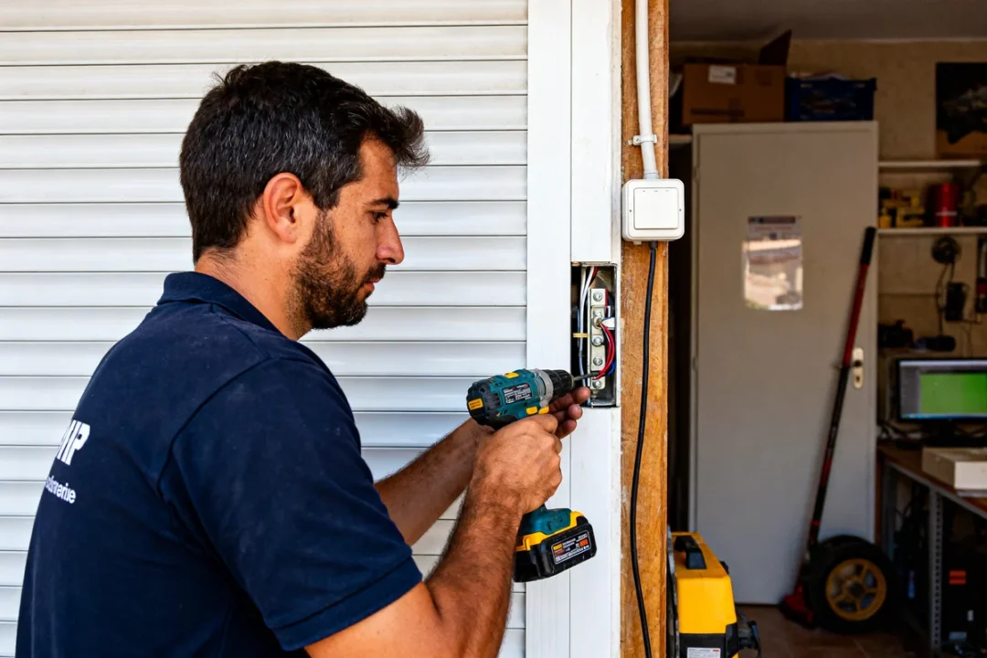 Technicien effectuant un depannage volet roulant avec une perceuse électrique dans un atelier