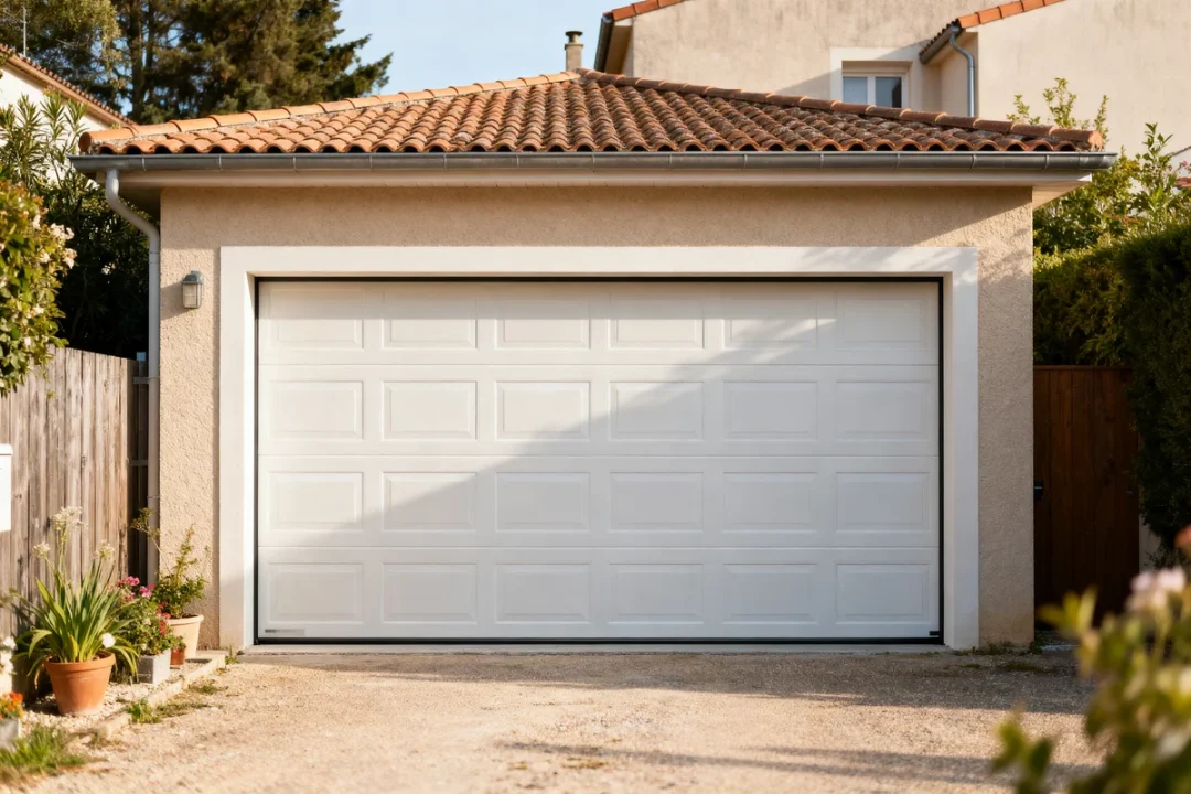 Porte de garage sectionnelle blanche sur maison avec toit en tuiles dimensions standard.