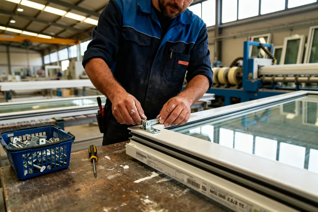 Un employé assemble une fenêtre en PVC dans l'usine du fabricant fenêtre PVC