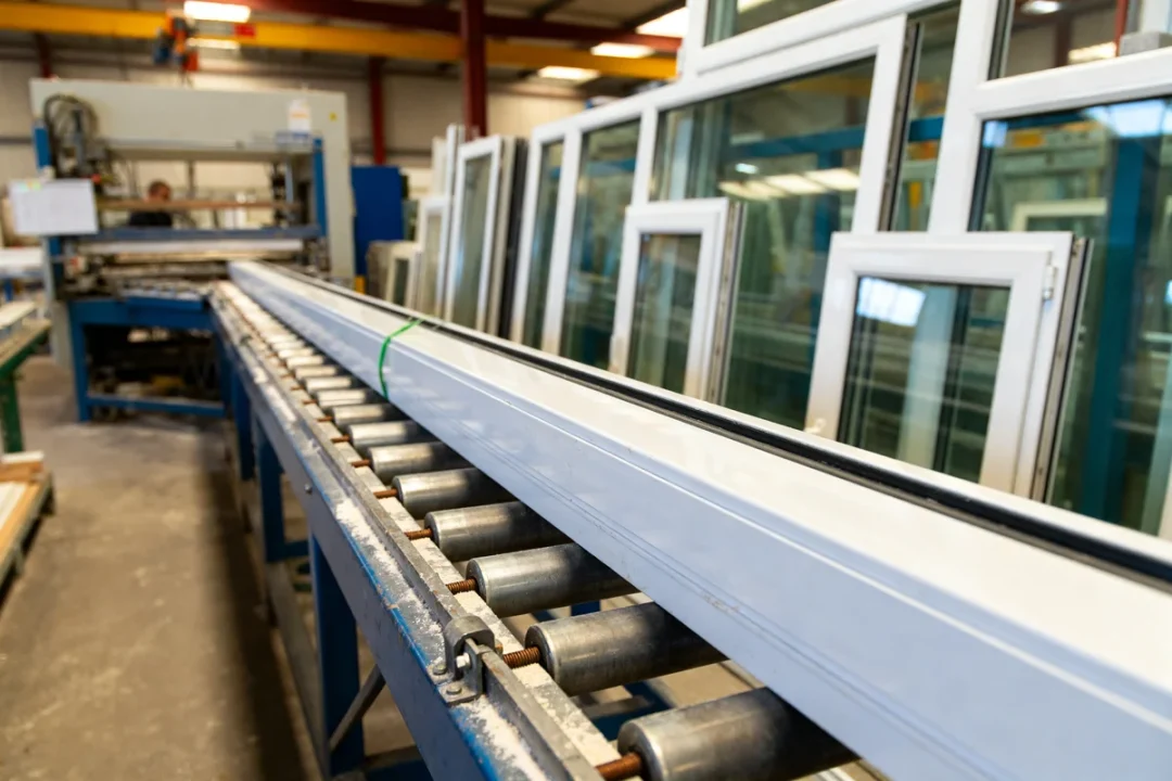 Atelier industriel pour la fabrication fenêtre PVC avec machines et cadres en cours de production
