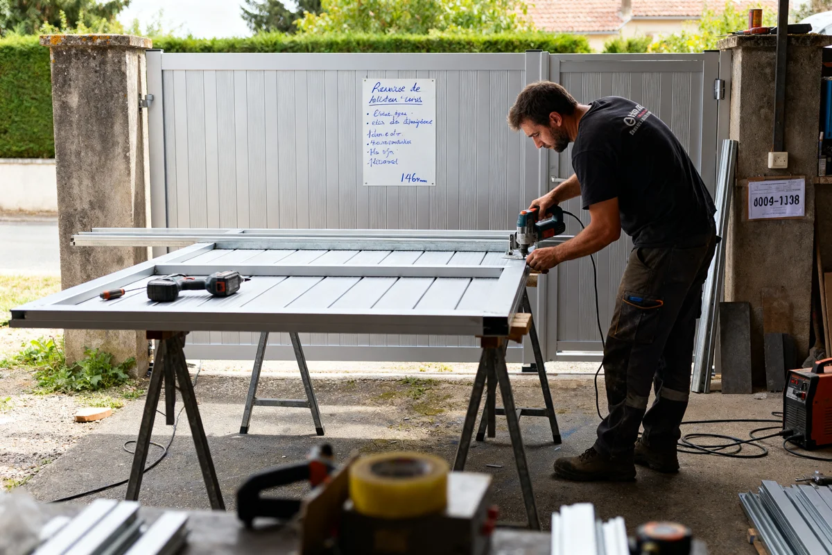 Artisan travaillant à la fabrication portail aluminium avec outils électriques dans un atelier extérieur