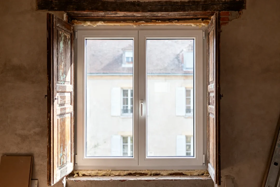 Vue d'une fenêtre en rénovation avec volets en bois et cadre moderne PVC.