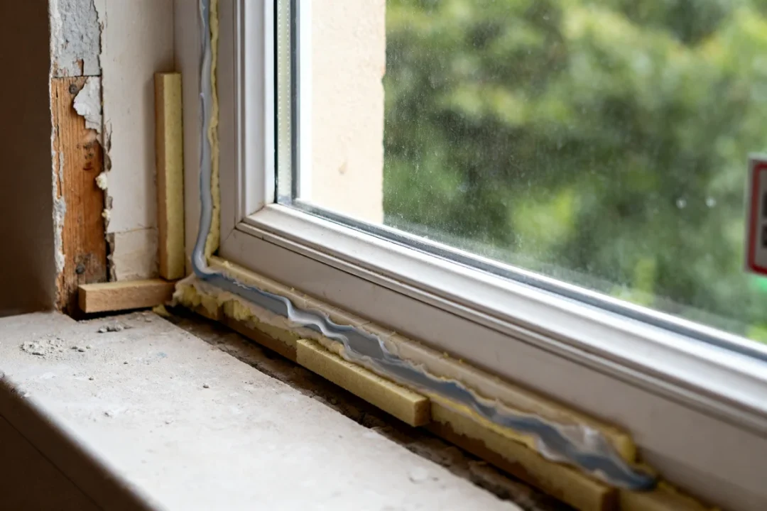 Fenêtre PVC en rénovation avec mousse isolante intérieure visible sur le cadre en bois