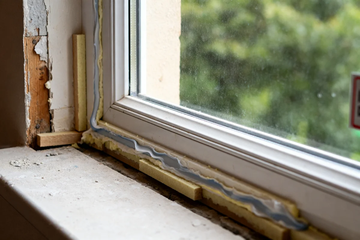 Fenêtre PVC en rénovation avec mousse isolante intérieure visible sur le cadre en bois