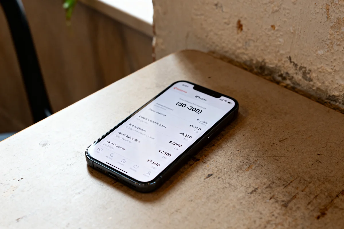 Smartphone posé sur table avec liste de prix incluant fenetre triple vitrage prix
