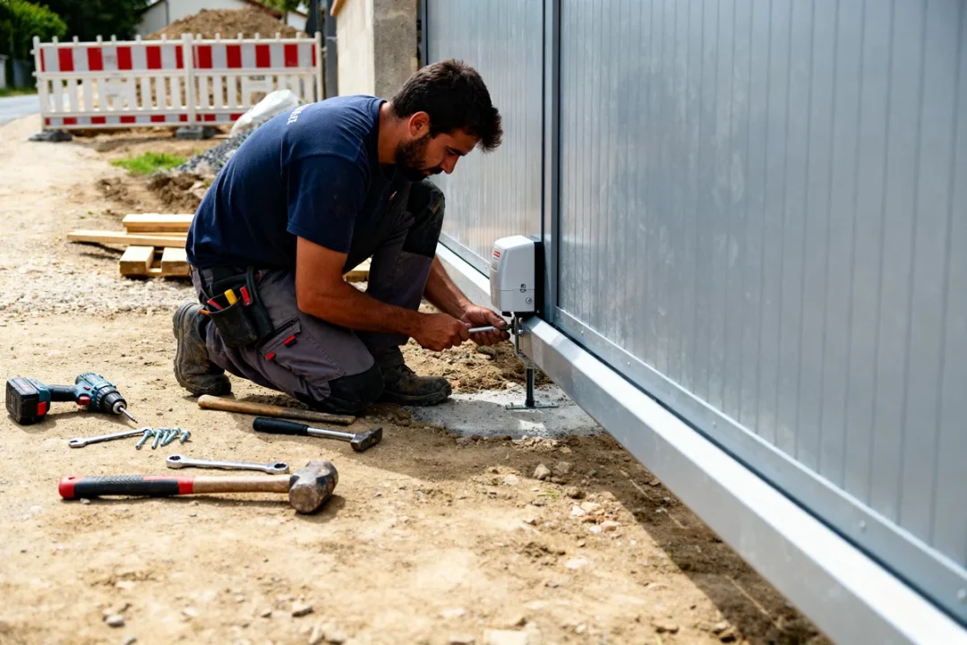 Installateur portail coulissant motorisé ajustant les composants du système au sol chantier extérieur