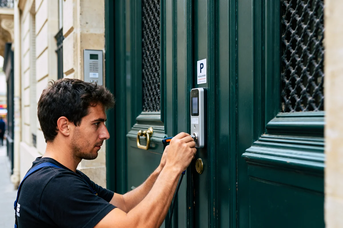 Un installateur porte blindée ajuste une serrure sur une entrée sécurisée.