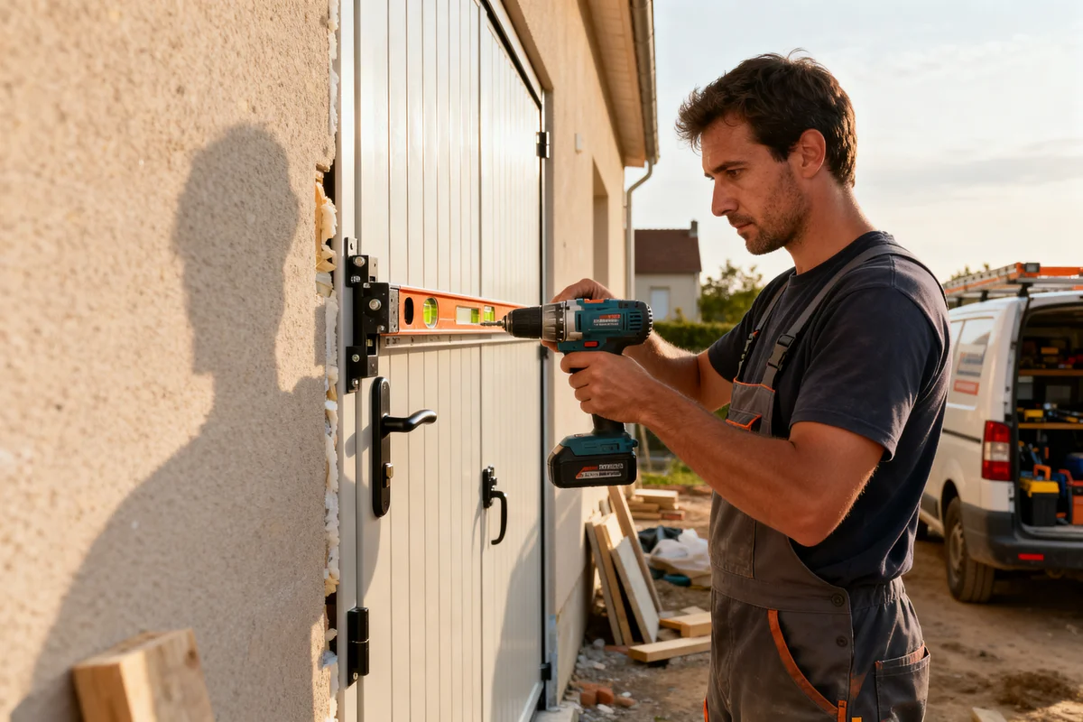 Homme travaillant comme installateur porte de garage basculante avec perceuse et niveau Ă bulle