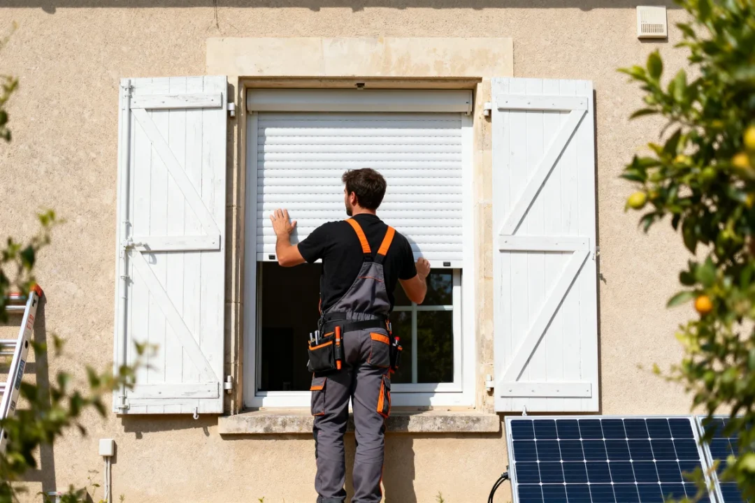 Installateur volet roulant solaire travaillant sur une fenêtre avec un panneau solaire à proximité
