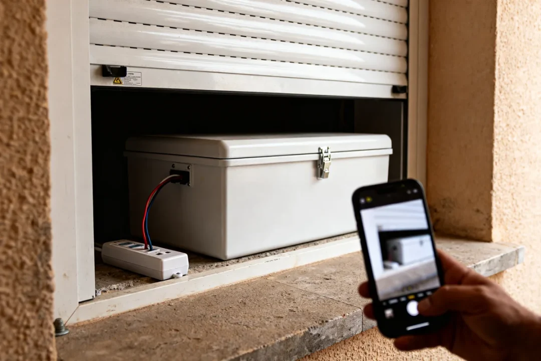 Boîtier électrique connecté lors de l'installation volet roulant électrique avec téléphone en arrière-plan
