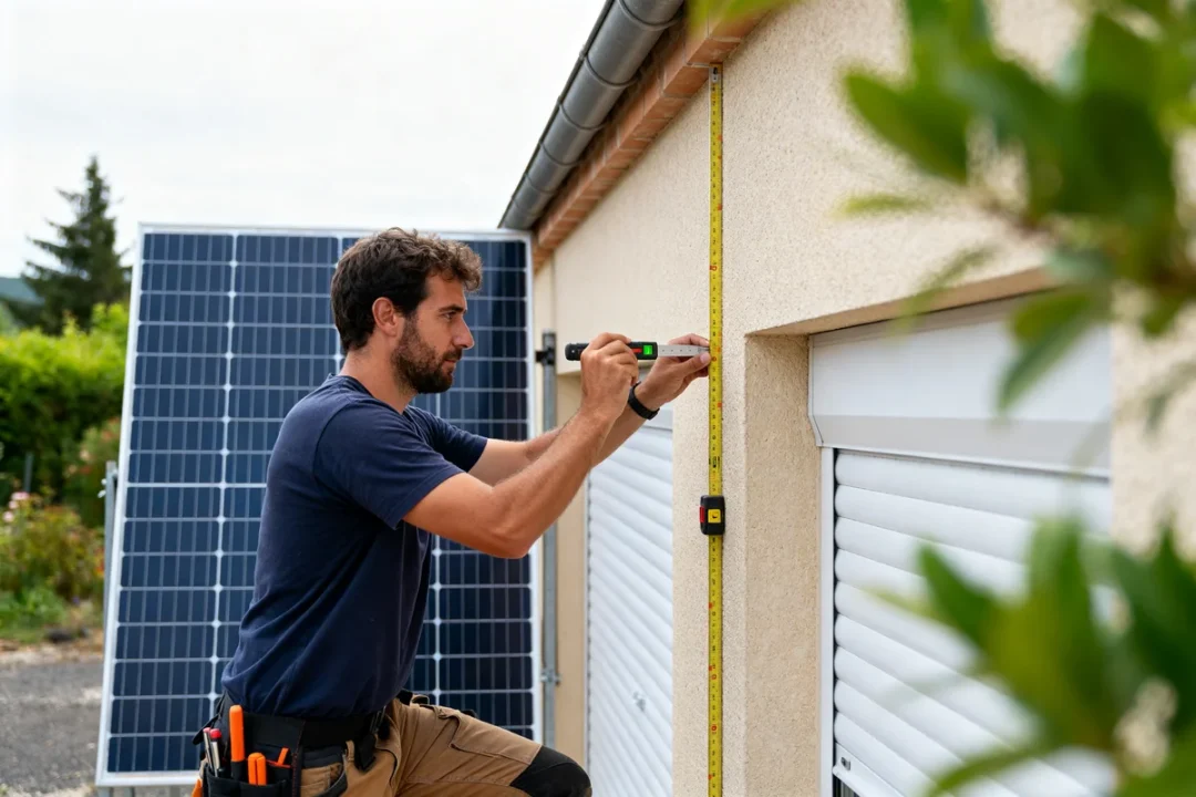 Technicien mesurant pour installer volet roulant solaire près de panneaux photovoltaïques extérieurs