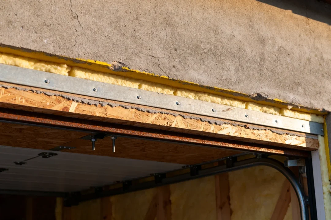 Travaux d'isolation porte garage avec mousse isolante et structures métalliques apparentes