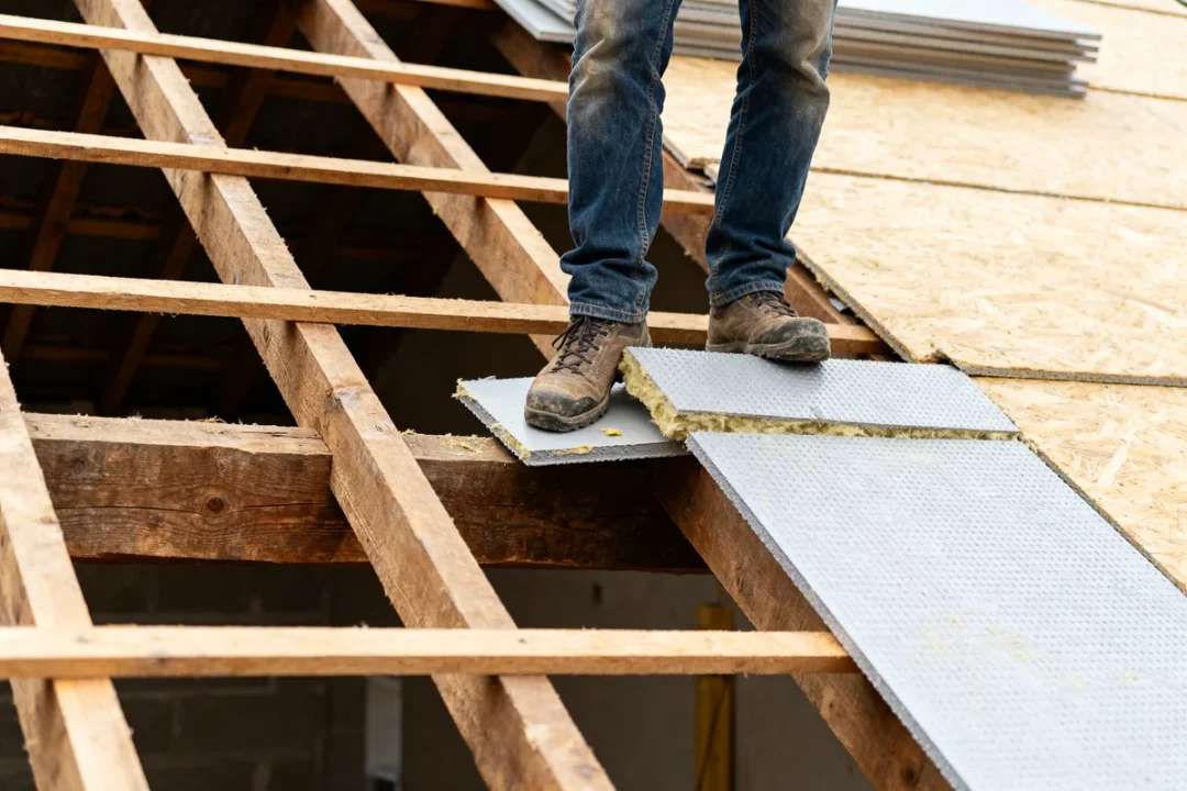 Travailleur posant des panneaux pour isolation toiture par l extérieur sur une structure en bois