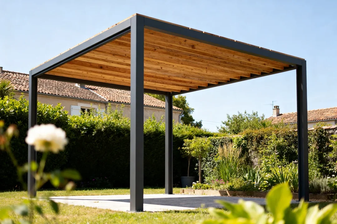 Pergola moderne en bois et métal dans un jardin bien entretenu avec arbustes fleuris