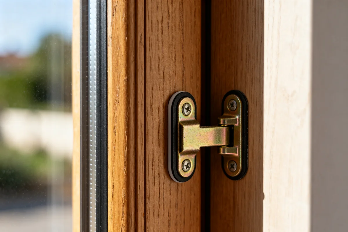 Charnière et joint pour porte d'entrée en bois sur cadre ensoleillé