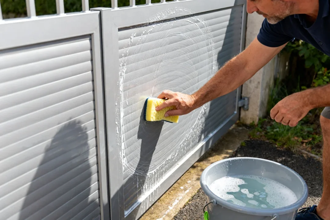 Nettoyage portail aluminium avec éponge et seau d'eau savonneuse par une personne